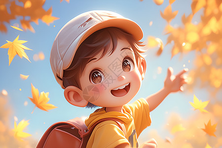 秋日落叶间的小男孩图片