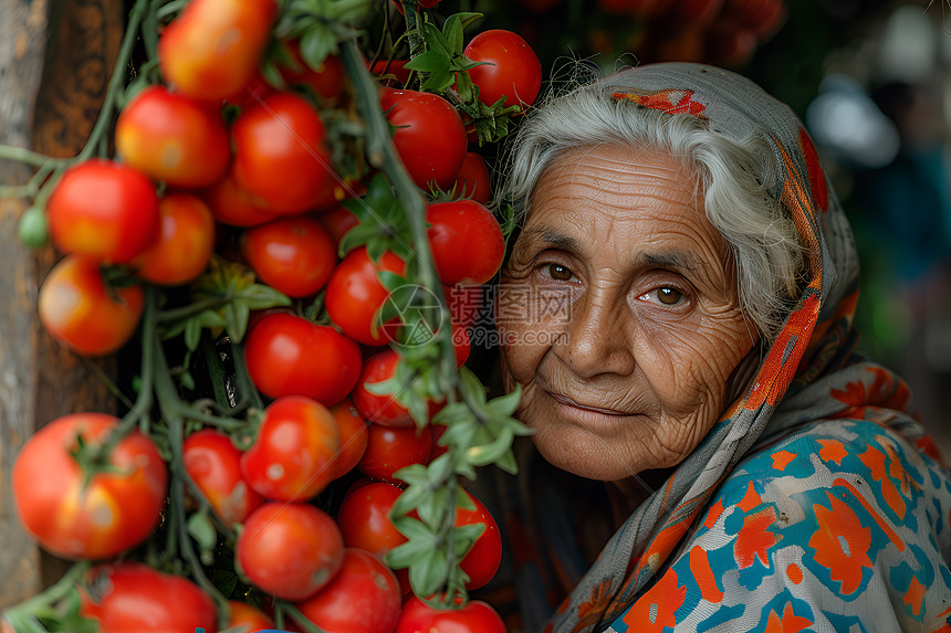 老奶奶提着一串番茄图片