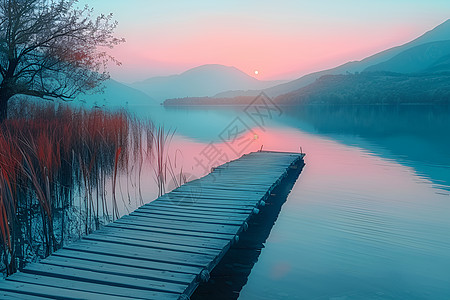 金色山脉湖畔夕阳下的宁静背景