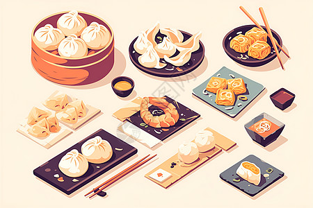 中式美食丰盛的中式早点插画