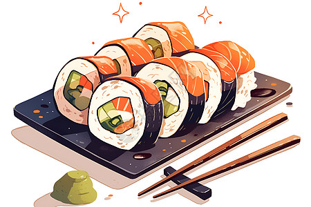 黑盘上的彩色寿司卷图片