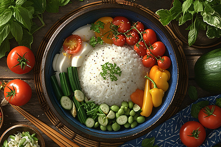 多彩蔬菜与白米饭图片
