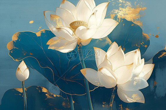 中式白莲花绘画图片