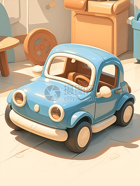蓝色玩具车停在房间里配有家具和地板上角落的一只猫图片