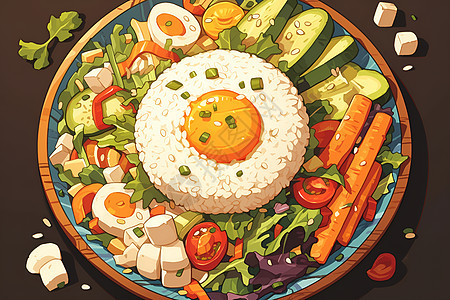 美味的米饭和蔬菜拼盘图片