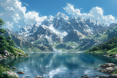 雪山环绕湖泊图片