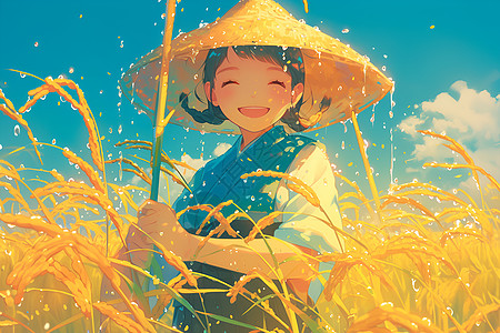 收割水稻的小女孩图片