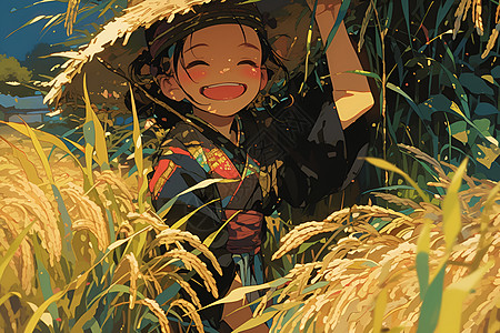 欢乐稻田中的小女孩图片