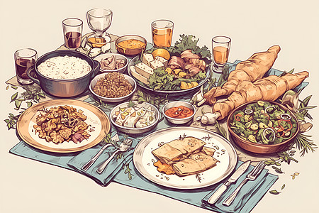 家庭烹饪五谷丰登的家庭晚餐插画