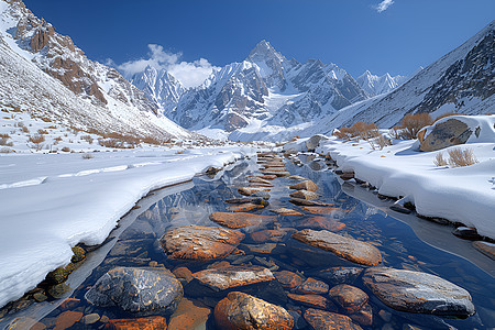 白雪皑皑冰雪溪流图片