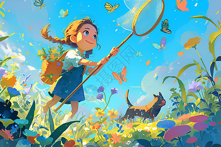 快乐的女孩追逐蝴蝶的童年插画