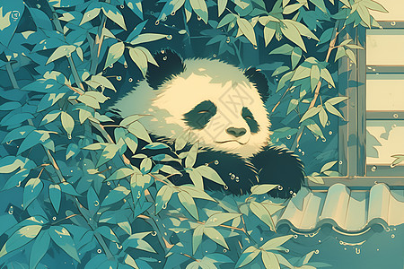 熊猫栖息在浓密的竹林中图片