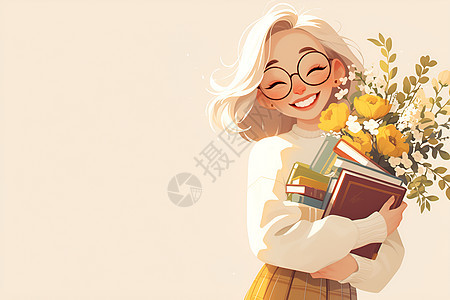 女教师怀抱花和书本图片