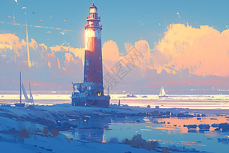 海岸线上一座灯塔图片