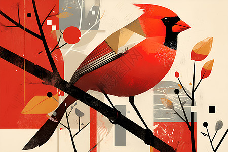 红鸟栖息于树枝上图片