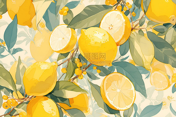 清新柠檬与新鲜植物图片