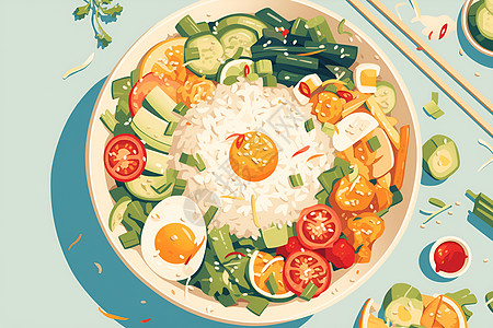 五彩斑斓的蔬菜与白米饭图片