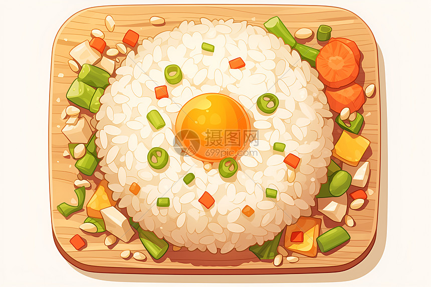 多彩素菜与白米饭图片