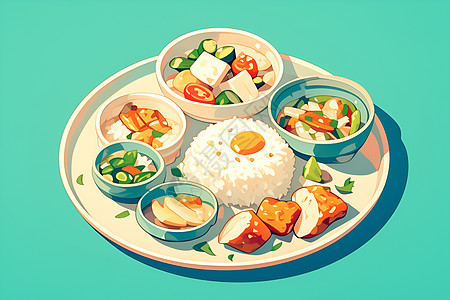 盘子中的米饭和菜图片