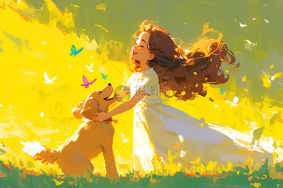 草地上的女孩和小狗图片
