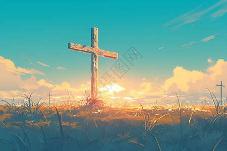 草地中的十字架图片
