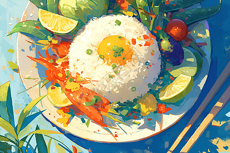 盘子中的食物米饭图片
