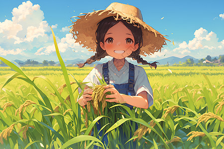 稻田中的可爱女孩图片