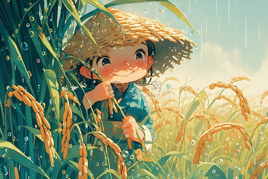 稻田中的可爱孩子图片