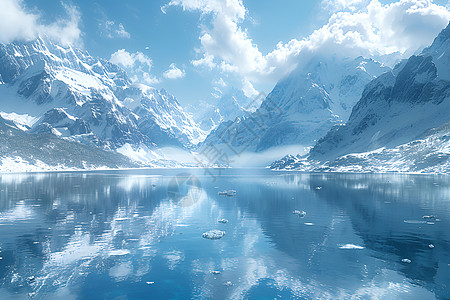 雪花飘雪山中的美丽湖泊插画