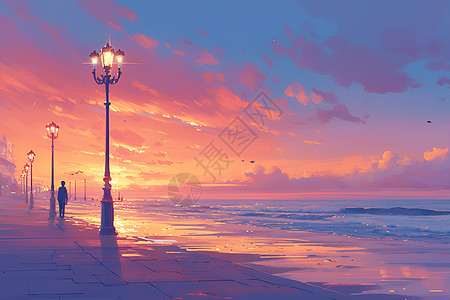 夕阳余晖的海滩图片