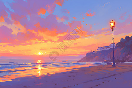 夕阳黄昏下的海滩插画