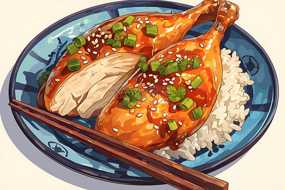 米饭和腌制烤鸡图片