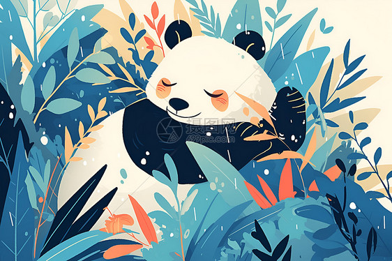 熊猫栖息在花丛中图片