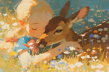 花丛中的女孩和小鹿图片