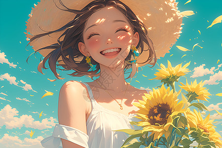 阳光少女手拿向日葵花束图片