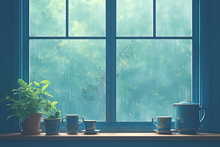 窗台下雨窗台上的盆栽插画