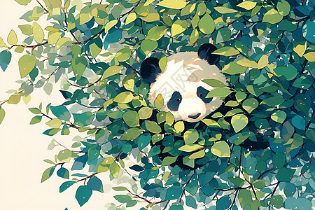 熊猫栖身枝叶下图片