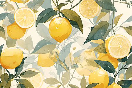 柠檬与叶子的水彩拼贴图片