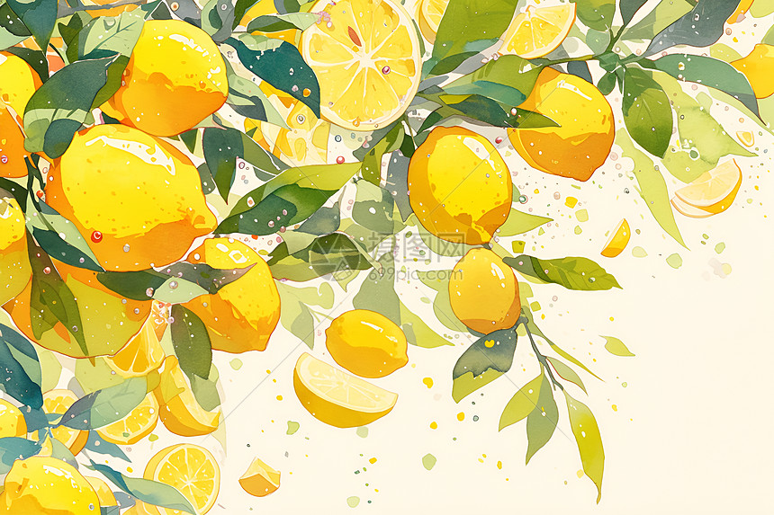 柠檬与绿叶的水彩插画图片