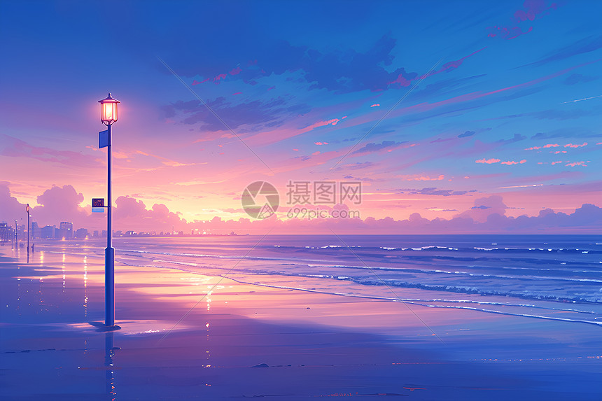 夕阳下的沙滩街灯图片