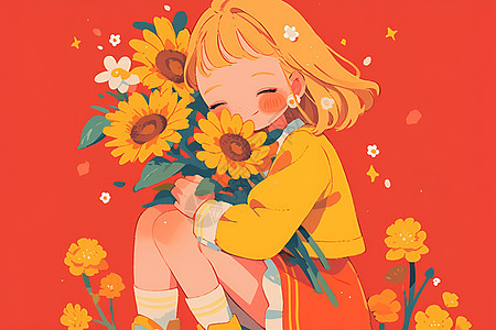 阳光少女拥抱向日葵图片