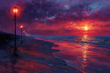 黄昏海滩上的夕阳与灯光插画