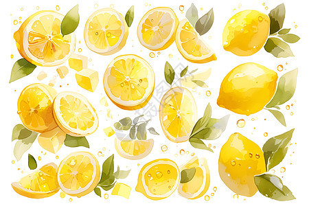 柠檬和各种叶子背景图片