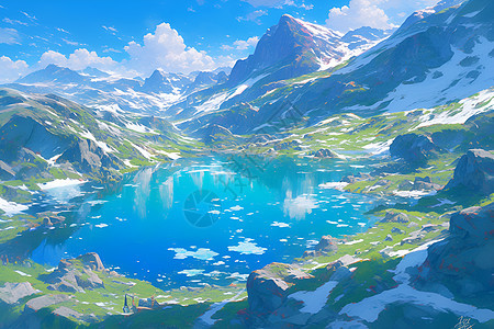 雪峰环绕的山湖图片