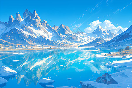 雪山倒映幽蓝湖水图片