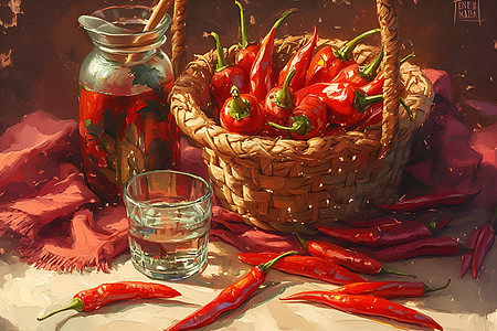 蔬菜桌子桌子上的辣椒篮子背景