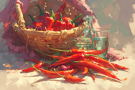 红辣椒与玻璃杯中的水图片