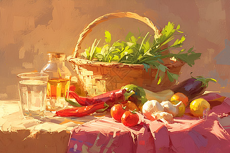 紫薯和红辣椒餐桌上的红辣椒和蔬菜插画
