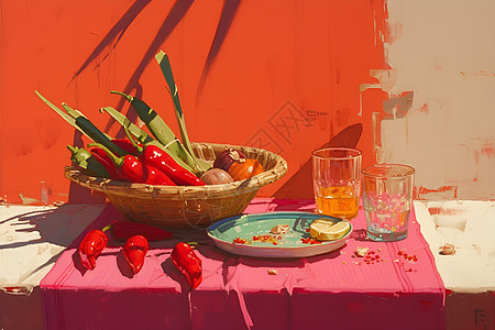 桌子上的红辣椒篮子图片