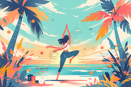 女子瑜伽沙滩上的瑜伽女子插画